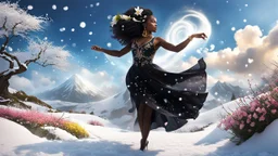 The camera zooms in, focusing sharply on very beautiful black godus girl with make up Lily wearing pretty dress as she dances gracefully in the same romantic environment with flowers and sky with nice clouds. Her joy and youth are presented against the backdrop of the surreal surroundings.a snow covered tree sitting on top of a snow covered slope, detailed swirling water tornado, national geographic footage, inspired by Sim Sa-jeong, by Huang Tingjian, still from a 2015 pixar movie, infrared ca