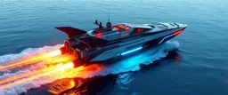 steam cybertruck katamaran boat spaceship hovering over water
