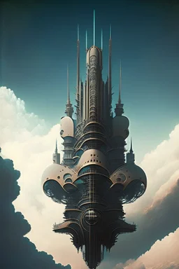 Enormous mechanical castle in the sky, ominously looming in the style of art deco