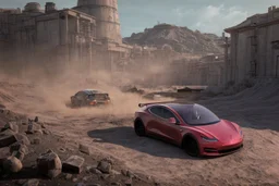 A Tesla 'Model Y' is racing at top speed, within the trench of the Death Star. (CINEMATIC, WIDE ANGLE LENS, PHOTO REAL)