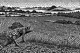 villagers sparsely dot the horizon to illustrate scale & proportion. towering over the landscape below. bad ass cartoon comic book secret superhero mutant psychic humanoid amphibian frog. longstanding archival monastic tradition of stylized high contrast black & white line drawing/printmaking antiquity archival