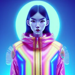 asian woman teenager, few freckles, gold teeth, padded coat, gummy style, retro futuristic, latex dress, gradient color, BLUE, PINK, CYAN, neon, insanely detailed, 16k resolution, perfect eyes, cinematic smooth, intricate detail