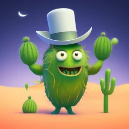 A giant, talking cactus wearing a top hat and monocle, standing in the middle of a desert oasis.