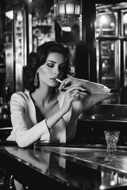 a beautiful woman holding a cigarette, smoking at a bar counter, cigarette smoke, intricate detail, sharp focus, photorealistic, high contrast, perfect hand, noir mood, film style