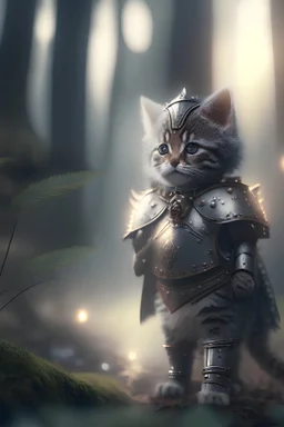 Photoreal cute and gorgeous medieval kitten dressed in smooth shining knight's battle plate armor in a wet foggy forest at dusk by lee jeffries, 8k, high detail, smooth render, unreal engine 5, cinema 4d, HDR, dust effect, vivid colors