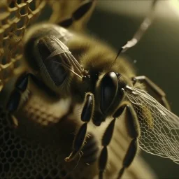A hyperrealistic macro shot of bee on a spider web, intricate details, soft natural light, screen captured from 4K Blu-ray