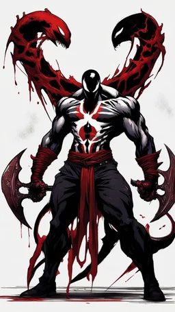 A close picture of Venom symbiote with kratos red tattoos and Clothes, holding blade of choice