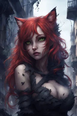 CAT GIRL, FANTASY, VINES, SOULLESS, FLUFFY TAIL, RED HAIR, TORN CITY