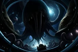 View from a spaceship into a natural event horizon in space with many enormous strange tentacled creatures, with huge mouths, flying around in the black