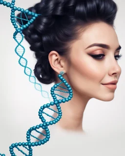 a woman smiling face, close eyes, pastel peach colors, DNA molecule hair thread imitation