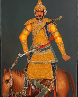 portrait of maharana Pratap with armor, sword, sitting on horse with spear on hand detailed, oil painting