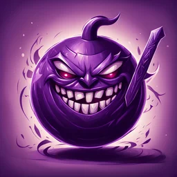 evil purple ball with a wicked grin and a sword in rayonism art style