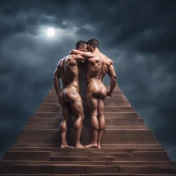 Hyper realistic shirtless muscular men hugging on the top of pyramid at rainy night