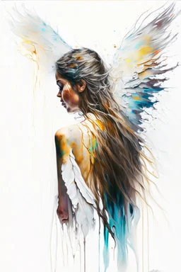 A detailed illustration of a beautiful young female human with growing out of her back. Her skin, hair and face are all made of paint. Her wings are spread. Front view. Highly detailed flawless facial features and eyes. Abstract Oil painting splash art. White background, wide angle, abstract design, beautiful, thick flowing paint strokes, dripping paint, fantasy art, modern art, ((soft happy complimentary colors,)) modern aesthetic, focused on the character, 4K resolution.