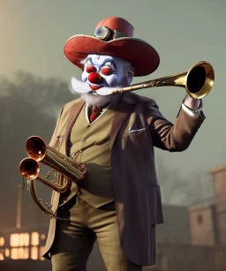 mechanoid old friendly fat clown with trimmed beard playing jazz with a steampunk theme, trumpet, realistic