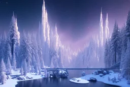  white and gold crystal castle，waterfall, winter snow flakessnow, northern Lights, full of details, smooth, bright sunshine，soft light atmosphere, light effect，vaporwave colorful, concept art, smooth, extremely sharp detail, finely tuned detail, ultra high definition, 8 k, unreal engine 5, ultra sharp focus