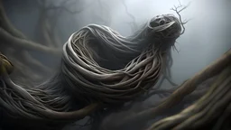 Multiple entanglements between a twisted thin piece of cloth as part of many twisted and spiraling branches disappearing into the distant mist, epic photo, sharp on highly detailed skin with wrinkles and high contrast, photorealistic, 4K, 3D, realism, hyperrealism, detail, good lighting, detailed texture, modern photography style, 3D, 4D, 4K --2:3
