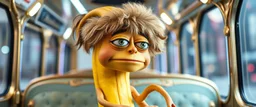 close up portrait of hairy fluffy polymer clay cute female happy worried banana monster with realistic human colored and textured skin, and long sleek limbs and with studio lights, on a luxury ornate neon buss, talking to his aunt