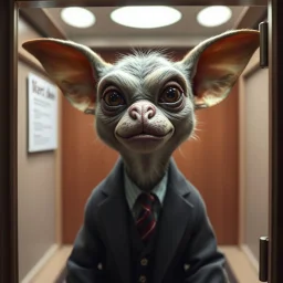 journalist humanoid gremlin dog with very human face and body in confession booth, like the face of a famous person