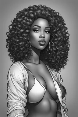 Create a coloring page of a beautiful curvy black female looking to the side with curly hair. No shading, No color, clean lines