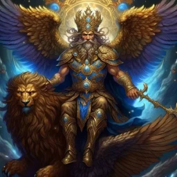 A god-like man with infinite power who holds the galaxies and wears a beautiful crown, a jewel made of diamonds and galaxies with weapons, riding on a lion with an eagle's head and eagle's wings.