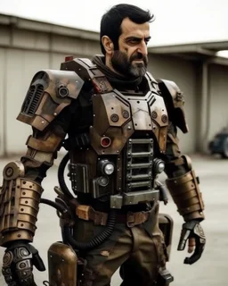 A brave iranian warrior with leather and metal combat clothes robotic metal with the left