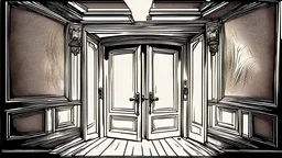 unhinged door, anime, monochrome, black background, ink, simple, maximum quality, broken hinge, barely functioning, centered on frame, far view