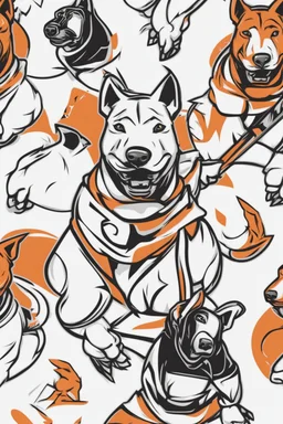 3/4 view bull-terrier hockey logo, thick lines, vector simplified, black white and orange