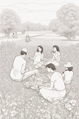 outline art for Picnic in the Flower Field people picnicking among colorful spring flowers. no colour , White background. sketch style, clean line art, white background, no shadow and clear