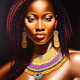 Ultra detailed fullbody Portrait in oil on canvas of beautiful busty African Warrior Woman,extremely detailed digital painting,ultrarealistic skin,intense stare, extremely detailed face, crystal clear eyes, mystical colors ,perfectly centered image, perfect composition, rim light, beautiful lighting,masterpiece ,8k, stunning scene, raytracing, anatomically correct, in the style of Simon Bisley and uncannyknack and Ohrai Noriyoshi and robert e howard and Steve Jung.