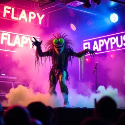 An "FLAPYPUSY" performing at dance club, his name is "FLAPYPUSY" and looks crazy, and green slime on stage, Neon lights and smog, "FLAPYPUSY" SIGN ON WALL