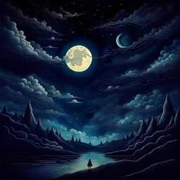 an artwork in the surreal style which shows : night sky