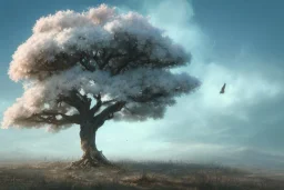 a beautiful digital painting of a marble tree entertwined in tumutluous clouds, intricate white branches and birds flying in the sunlight, blue sky at sunset, elegant, highly detailed, artstation, concept art, matte, sharp focus, art by tom bagshaw, kelogsloops and greg rutkowski