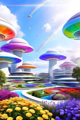 colors, very beautiful, ,flowers garden,rainbow, cité futuriste ultra moderne, ufos