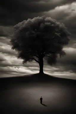 Single tree too small, too far away, distant view, conceptual photo, art photo, illusion, fine art, huge dark cloudy sky, ray light, surrealism, black and white