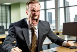 corporate man in office i screaming at employees. Swedish looks. Sign with the text "ICA" in red letters in the background. No tie.