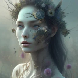 Portrait of beautiful girl, face dept of field,face shining, plant, metal,Unsharp masking, feathers,central weight average,Laplacian filt CWA Dryad,Median filter fae, sidhe, ominous, nature, plants, wildflower sparkle,wildflower 3d view, facepaint, dnd character portrait, intricate, oil on canvas, masterpiece, expert, insanely detailed, 4k resolution, retroanime style, cute big circular reflective eyes, cinematic smooth, intricate detail , soft smooth lighting, soft pastel colors