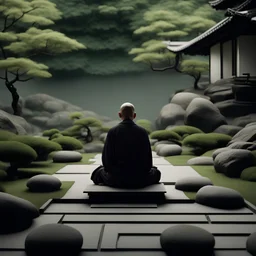 {Amidst the tranquility of a meticulously manicured Zen garden, a lone monk sits in deep meditation, embodying profound patience as they await enlightenment.} Art Styles: Zen, Minimalism Art Inspirations: Japanese Zen Gardens, Buddhist Art Camera: Overhead Shot: Medium Shot Render Related Information: Soft Lighting, Minimalistic Details, High Resolution (8K) Camera Lens: FISH-EYE LENS
