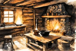 ink wash and watercolor illustration of the interior of an early 18th century rough hewn New England cabin, with a dry laid stone hearth , rustic furniture and kitchen utensils in the comic book style of Bill Sienkiewicz and Jean Giraud Moebius , sharp focus, natural light and shadow, rich earth tone colors