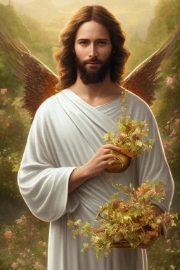 Jesus portrait , detailed hands, at dawn by atey ghailan, golden light , white robe, holding leaves and flowers , angels background, volumetric light, high detail, red leaf tree, mountains in background, perfect