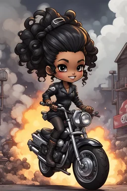 Create a comic book art illustration of a chibi cartoon full figure black female riding a sports motorcycle. She is wearing tie dye and black tights with biker boots. Prominent make up with log lashes and hazel eyes. Extremely highly detailed black shiny wavy hair up in a messy bun. Background of smoke surrounding her and the bike and she's at a bike show.
