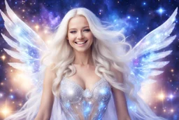 very beautiful cosmic women with white long hair, smiling, with cosmic dress and crystal wings. in the background there is a bautiful sky with stars and light beam