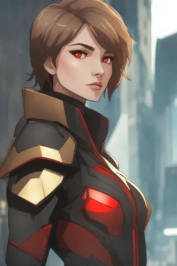 Woman in mid-thirties brown and gold hair, vivid red eyes, wearing futuristic warrior attire, stoic, urban background, RWBY animation style