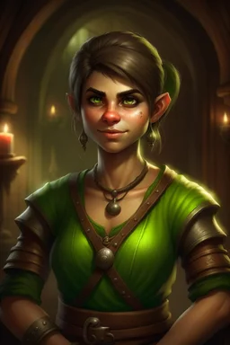 Dungeons and dragons young woman. She is an orc. She has green skin. She is kind. She is handsome. She has nice eyes. She has short hair. She is strong. She is in a tavern. She has broad shoulders. She has a large jaw. She wears casual peasant clothes. Realistic style