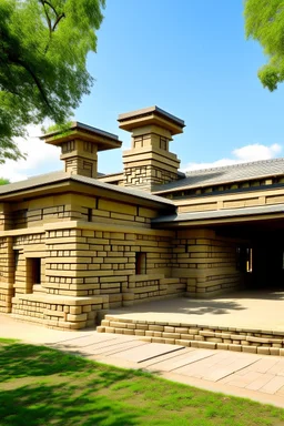A tan stone nation with block shaped buildings painted by Frank Lloyd Wright