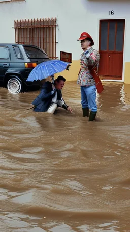 A natural phenomenon, floods in an Alentejo village with two politicians on the scene 1943. Mario Soares and Cavaco Silva- Shot on Canon EOS R5, 50mm lens, depth of field, shutter speed 1/1000, f/2.8, white balance, 6000k. High resolution, realistic details, HDR efects, film grain, 4K. –ar 9:16 –s 700 –q 5