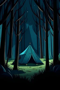 dark scary cartoon forest, anime style, background with a tent