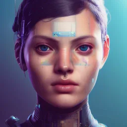 A beautiful portrait of a cute cyberpunk beautiful girl by sandra chevrier and, greg rutkowski and wlop, purple blue color scheme, high key lighting, volumetric light, digital art, highly detailed, fine detail, intricate, ornate, complex, octane render, unreal engine, photorealistic