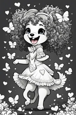 create a coloring page of a chibi puppy with a curly afro ponytails dancing around hearts and butterflies. she smiles while shes playing , black and white