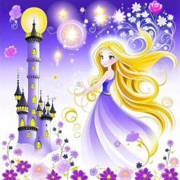 temática de la princesa de disney rapunzel fondo blanco y morado , luces flotantes ,flor mágica , sol castillo estrellas